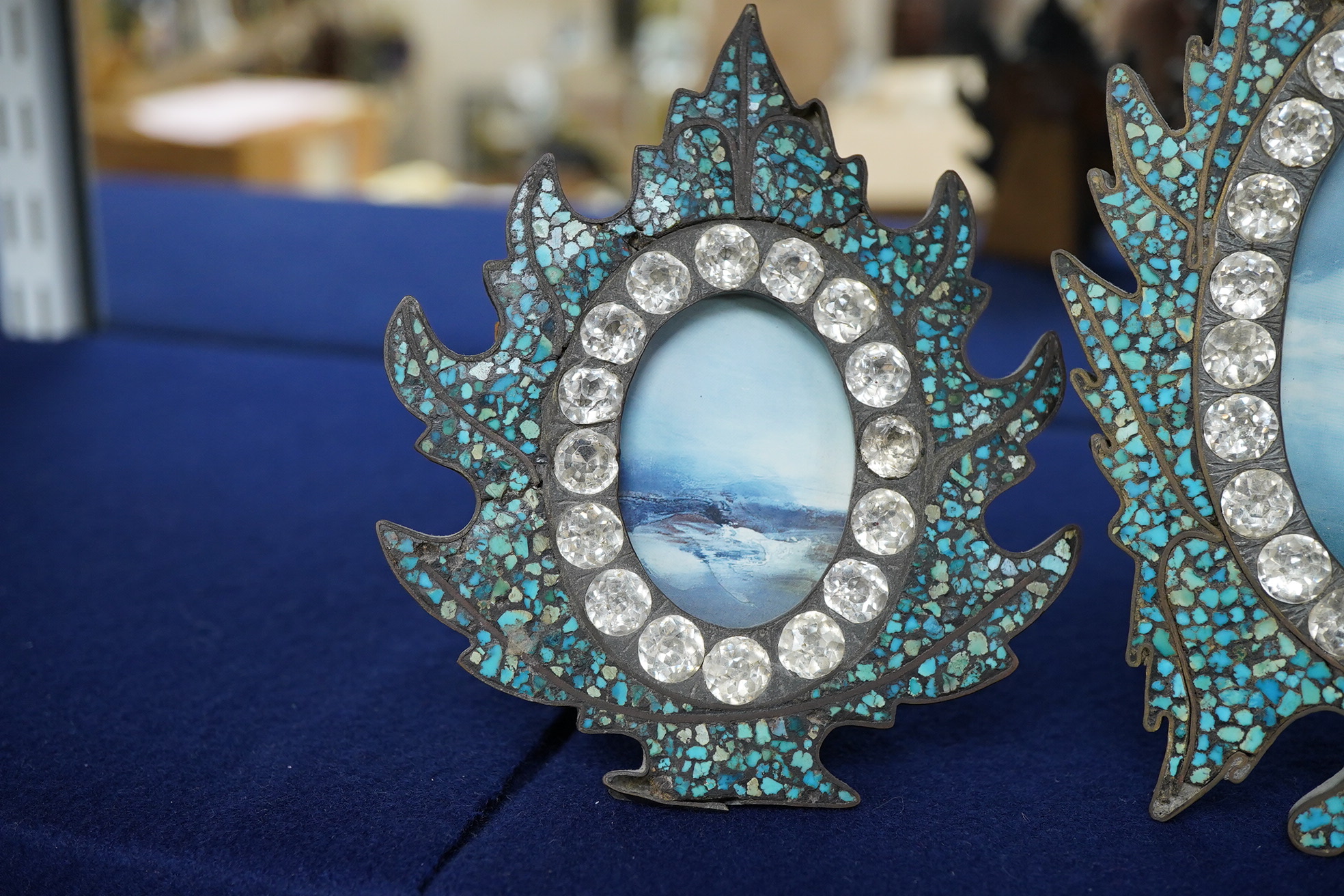 Two miniature turquoise inlaid easel frames and a similar box, largest 18cm high